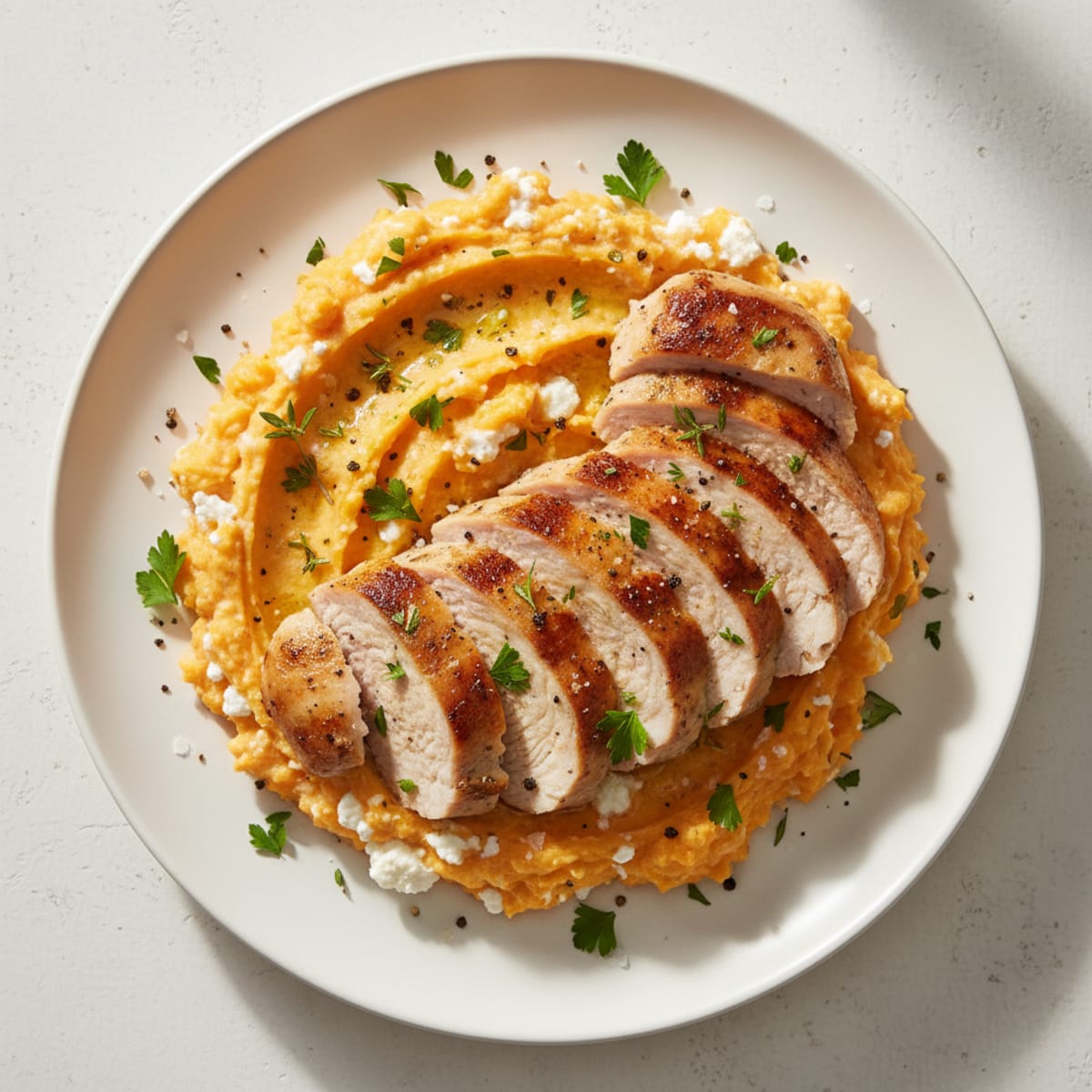 Herb-Seared Turkey with Creamy Cottage Cheese Sweet Potato Mash