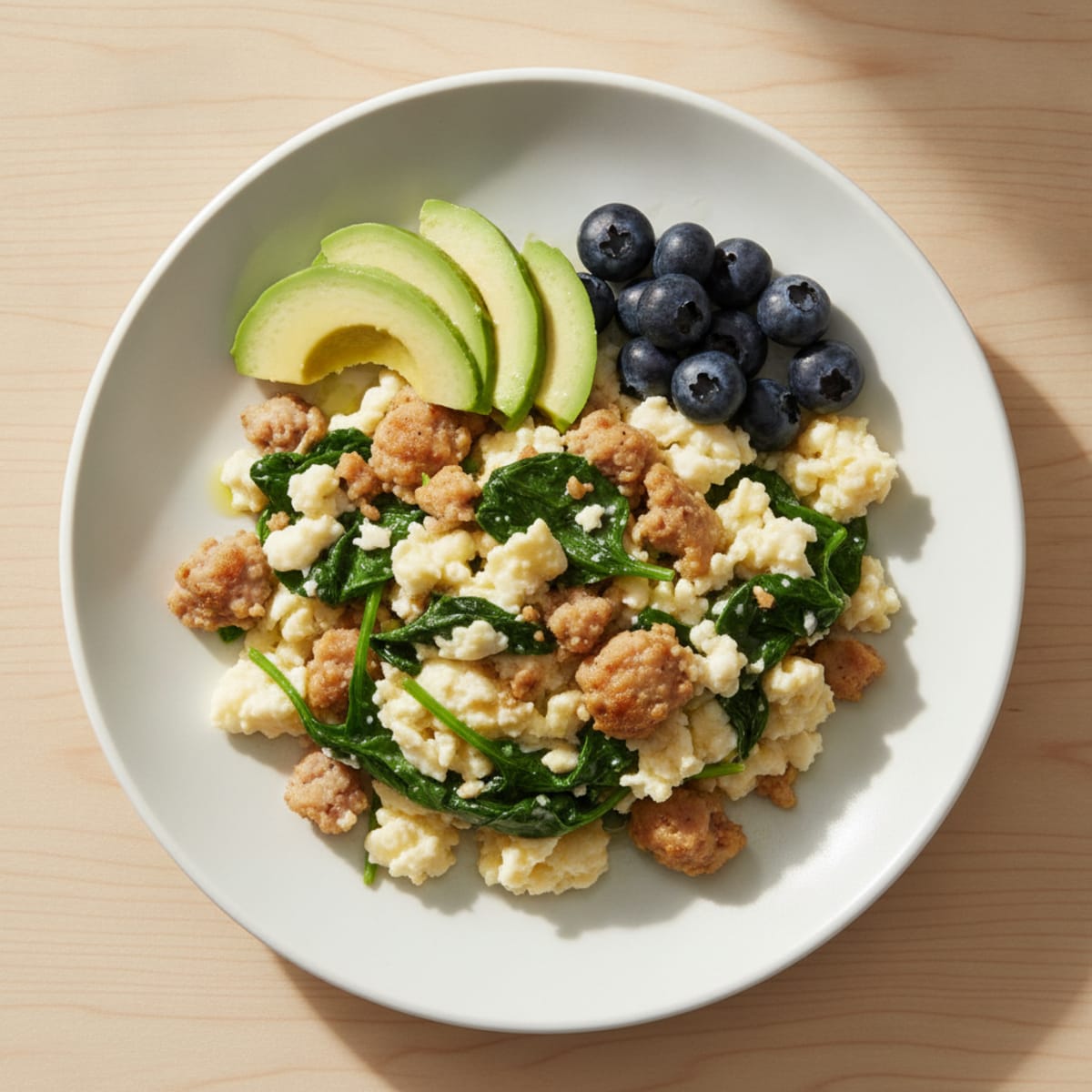 Egg White Scramble with Turkey Sausage and Sautéed Spinach