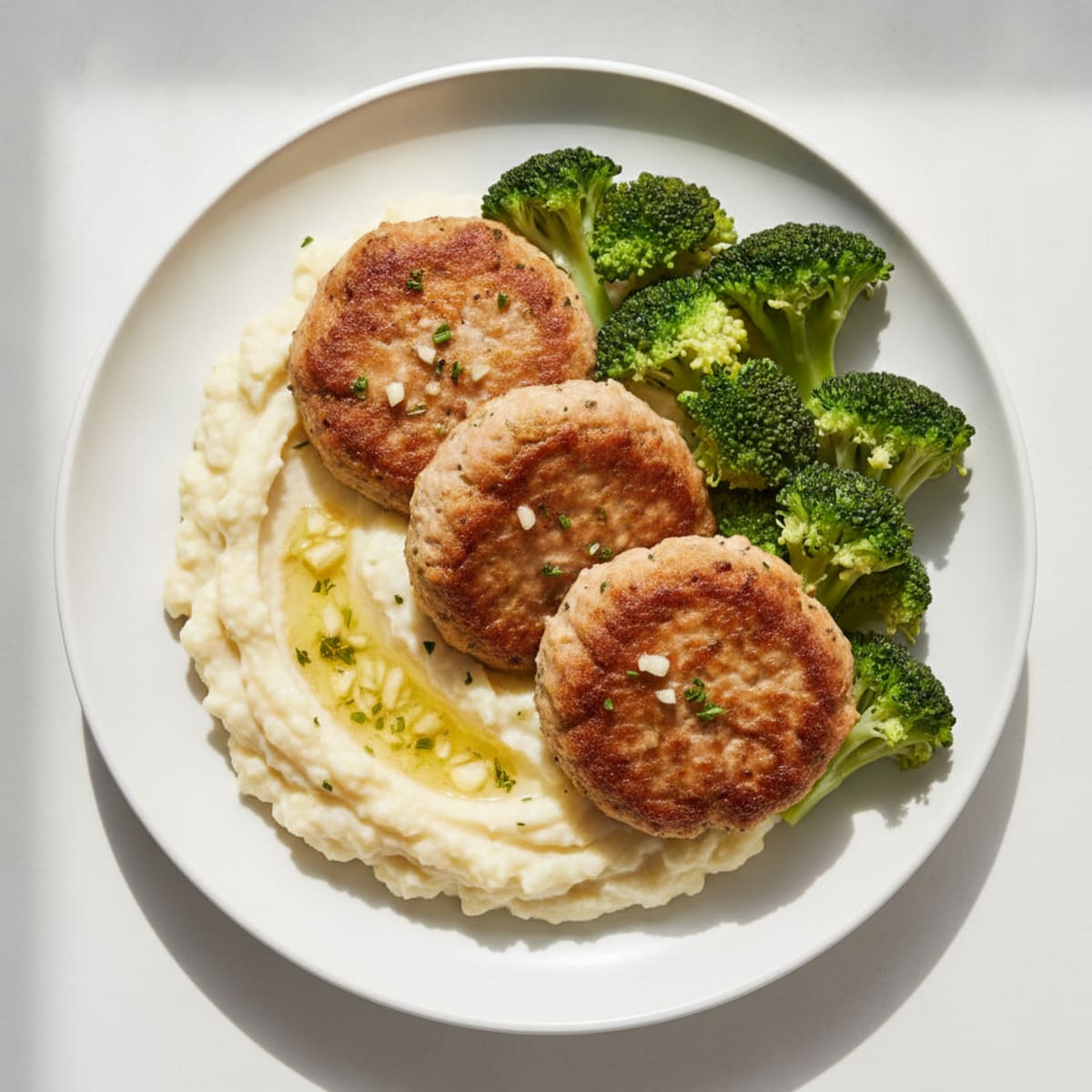Seared Lean Turkey Patties with Steamed Broccoli and Cauliflower Mash