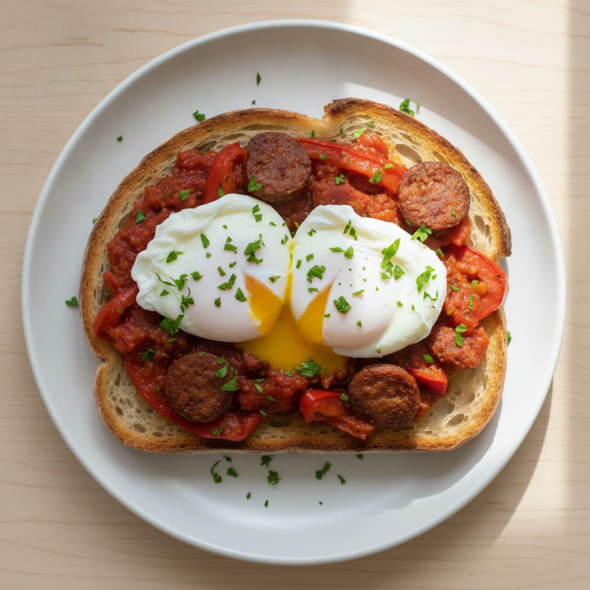 Poached Eggs with Chorizo and Roasted Peppers