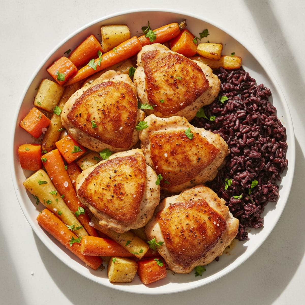 Air-Fried Chicken Thigh with Roasted Root Vegetables and Black Rice