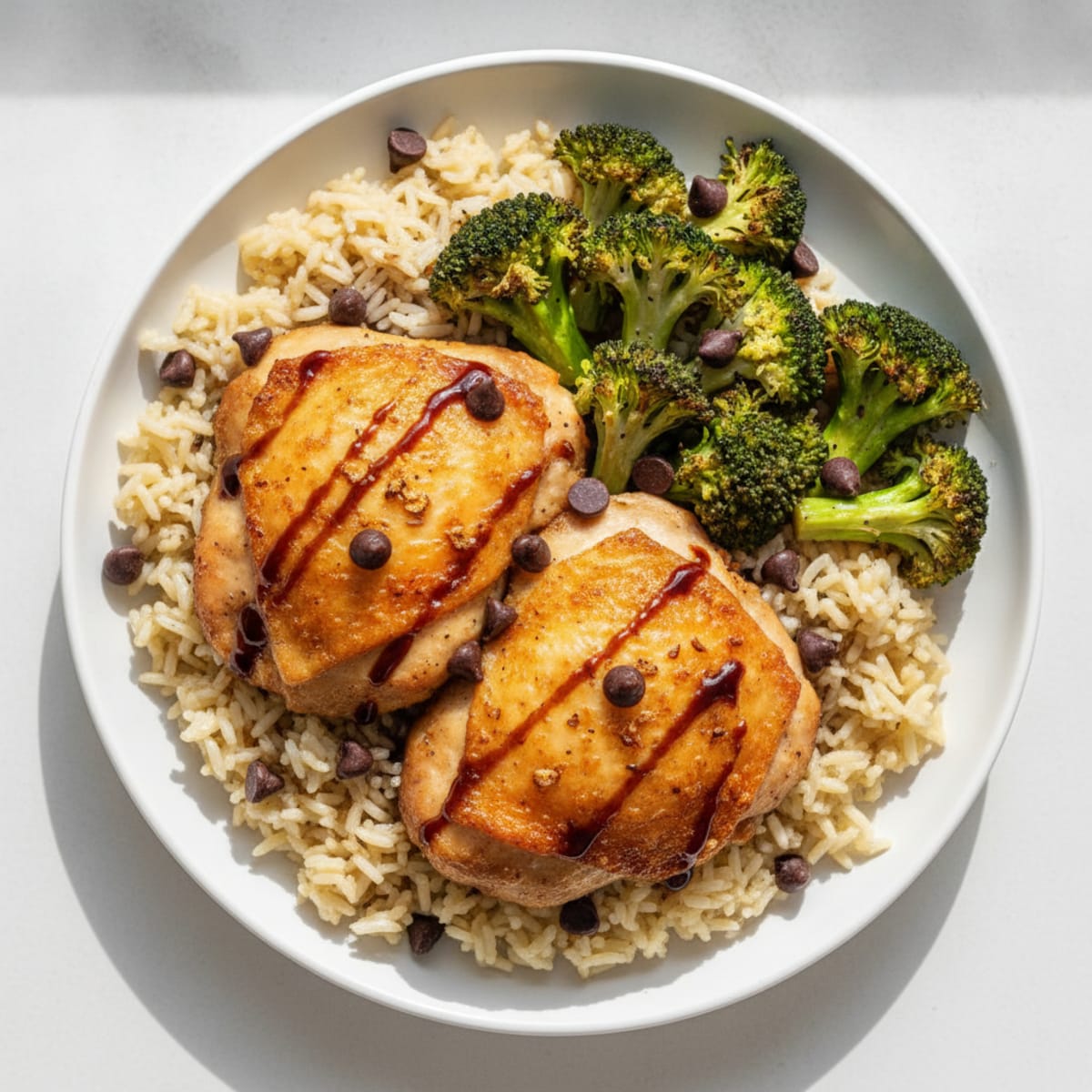 Crispy Baked Chicken Thighs with Garlic Rice and Roasted Broccoli