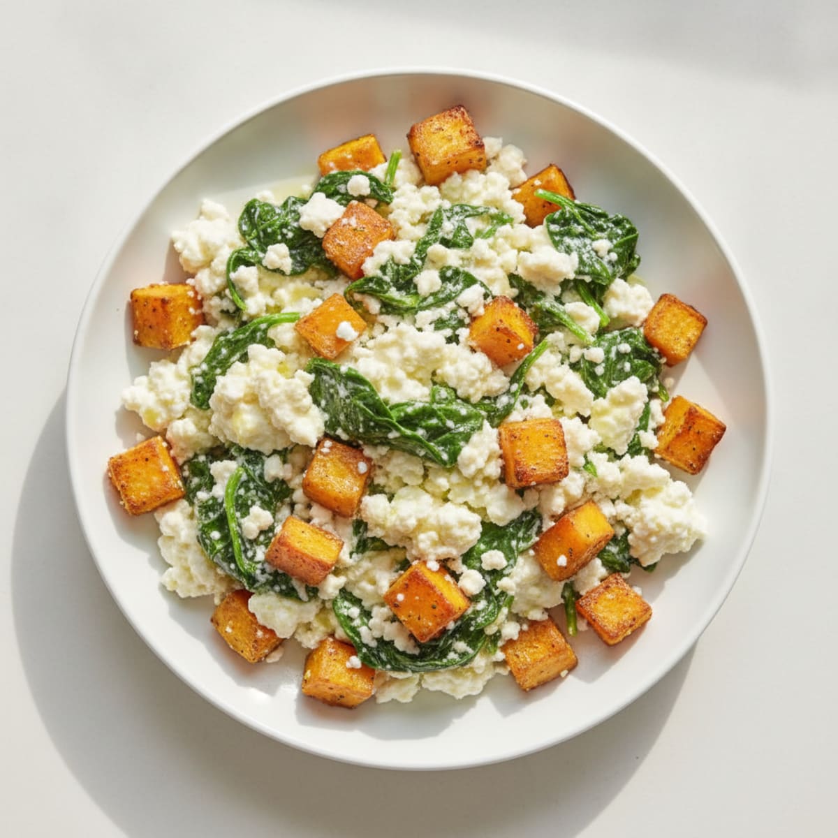 Cottage Cheese Egg White Scramble with Spinach and Roasted Sweet Potatoes