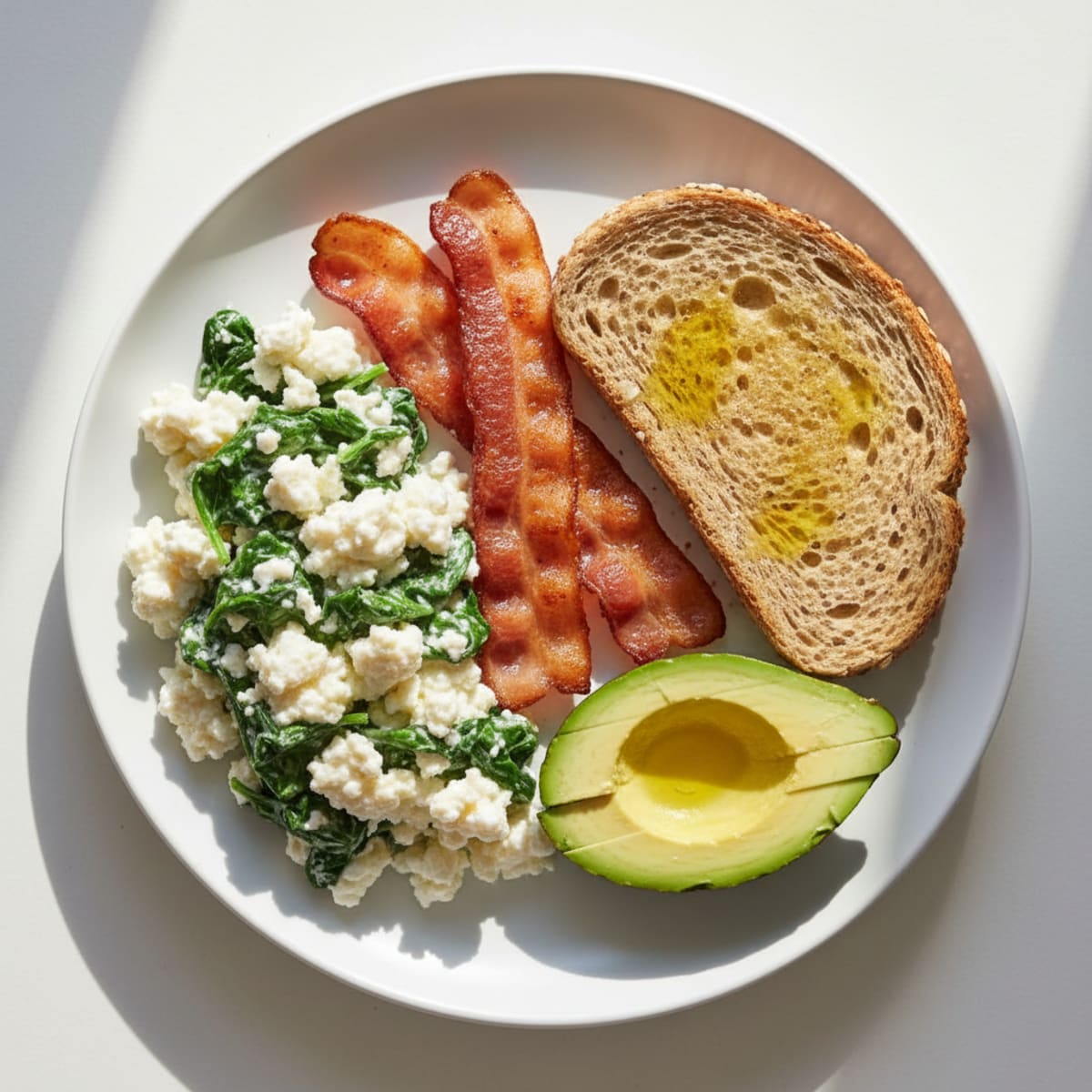Crispy Turkey Bacon and Egg White Scramble with Cottage Cheese and Sautéed Spinach
