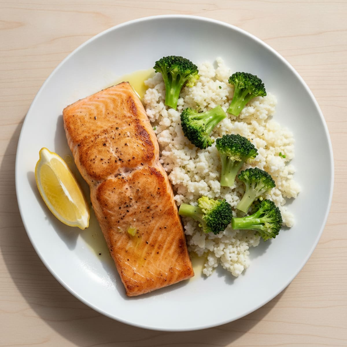 Seared Salmon with Steamed Broccoli and Cauliflower Rice