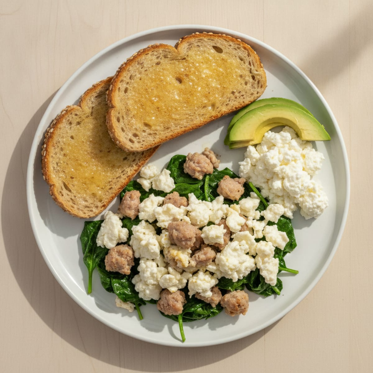 Egg White and Turkey Sausage Scramble with Cottage Cheese and Sautéed Spinach