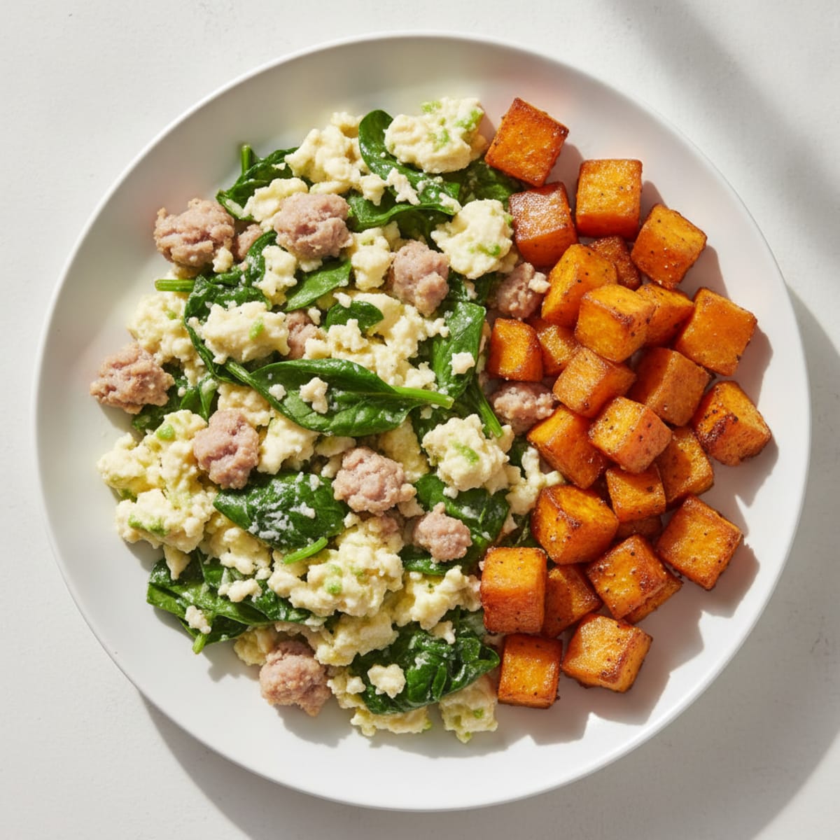 Egg White and Turkey Sausage Scramble with Spinach and Roasted Sweet Potato