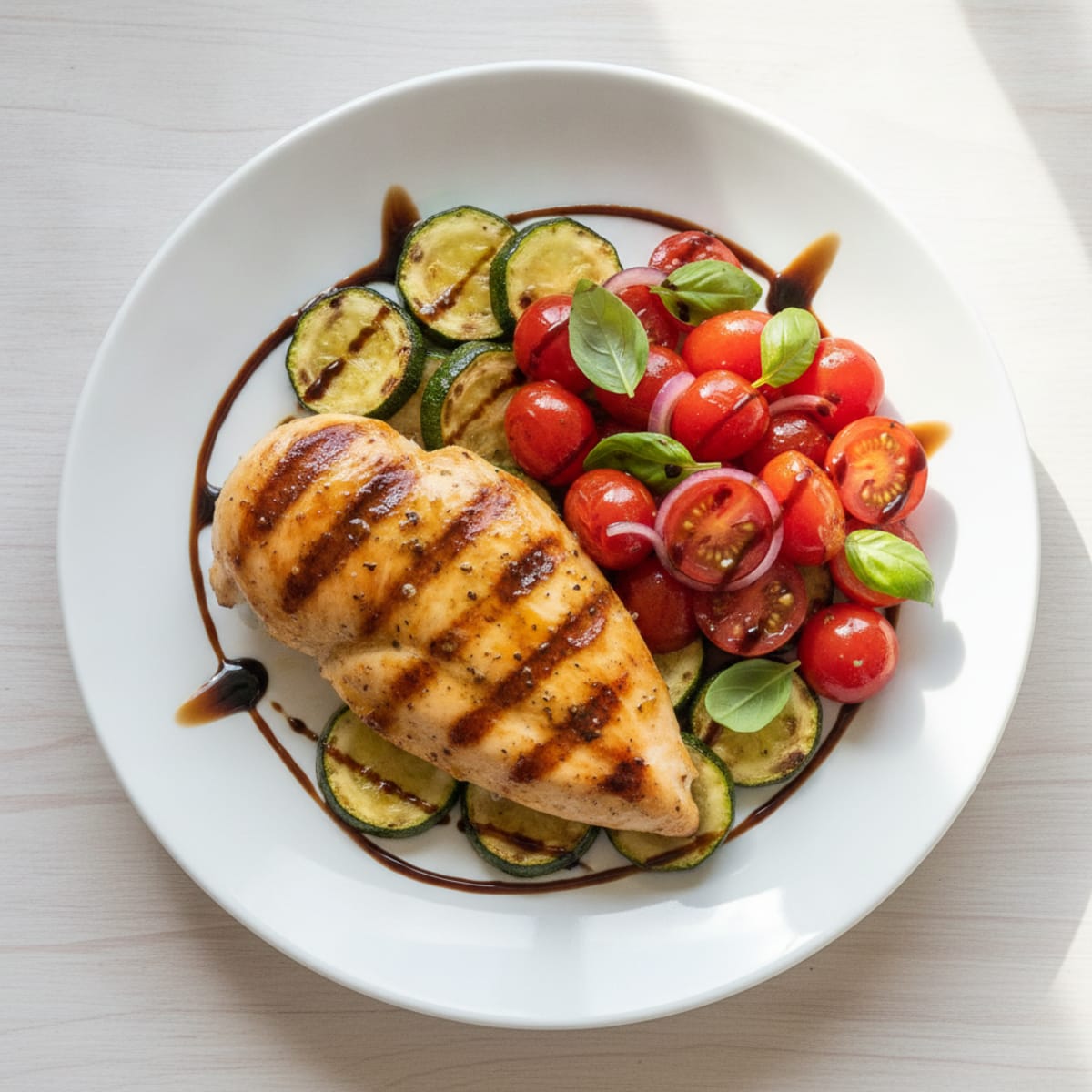 Grilled Chicken Breast with Roasted Zucchini and Tomato Salad