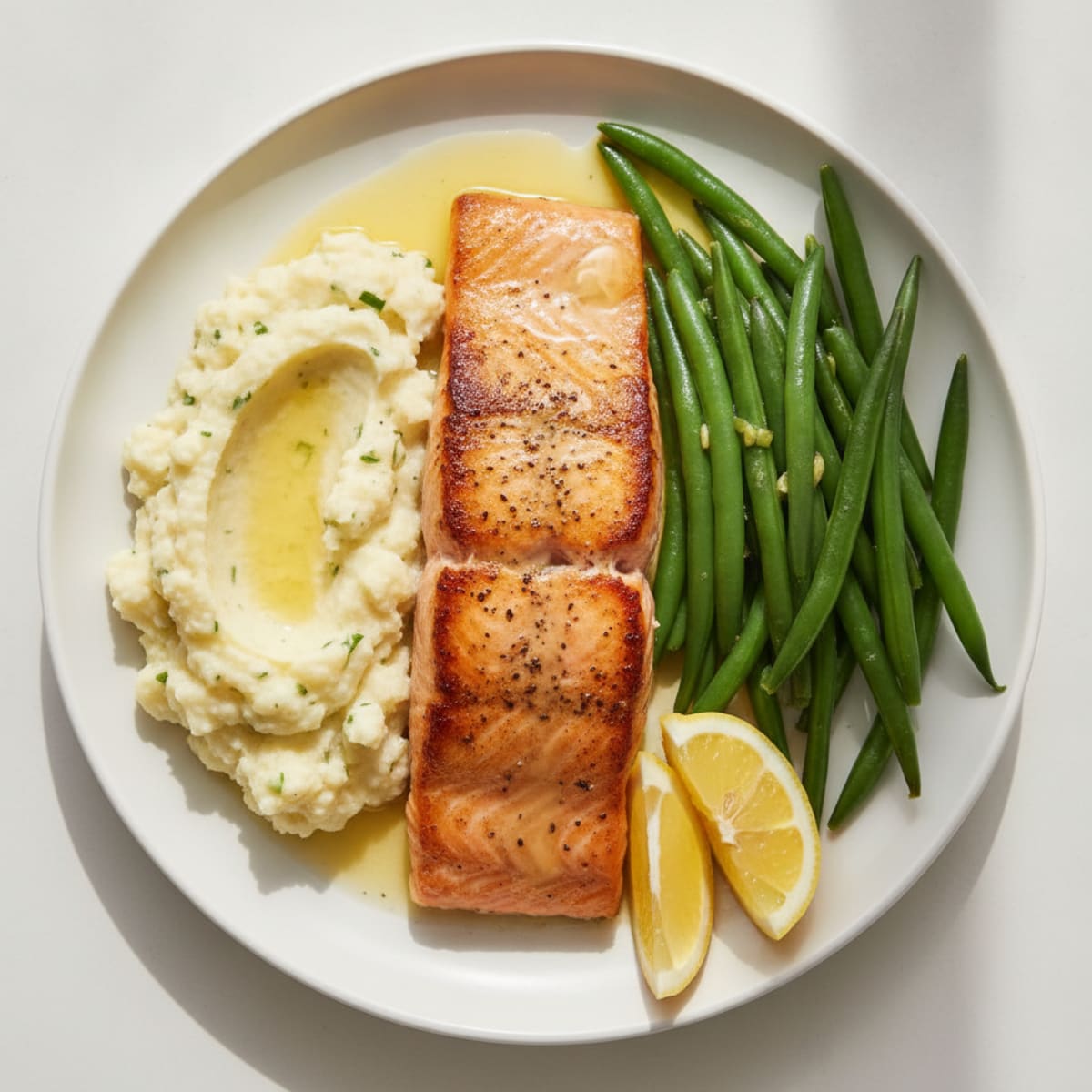 Seared Salmon with Steamed Green Beans and Garlic Mashed Cauliflower