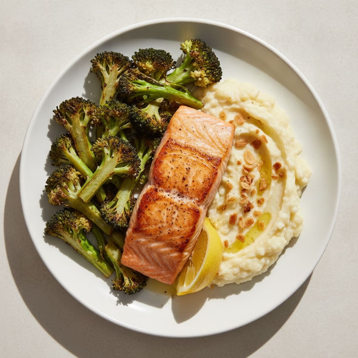 Seared Salmon Fillet with Roasted Broccoli and Garlic Mashed Cauliflower