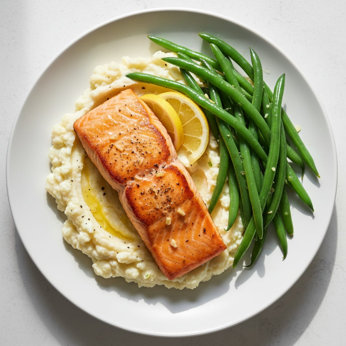 Seared Salmon Fillet with Steamed Green Beans and Garlic Mashed Cauliflower