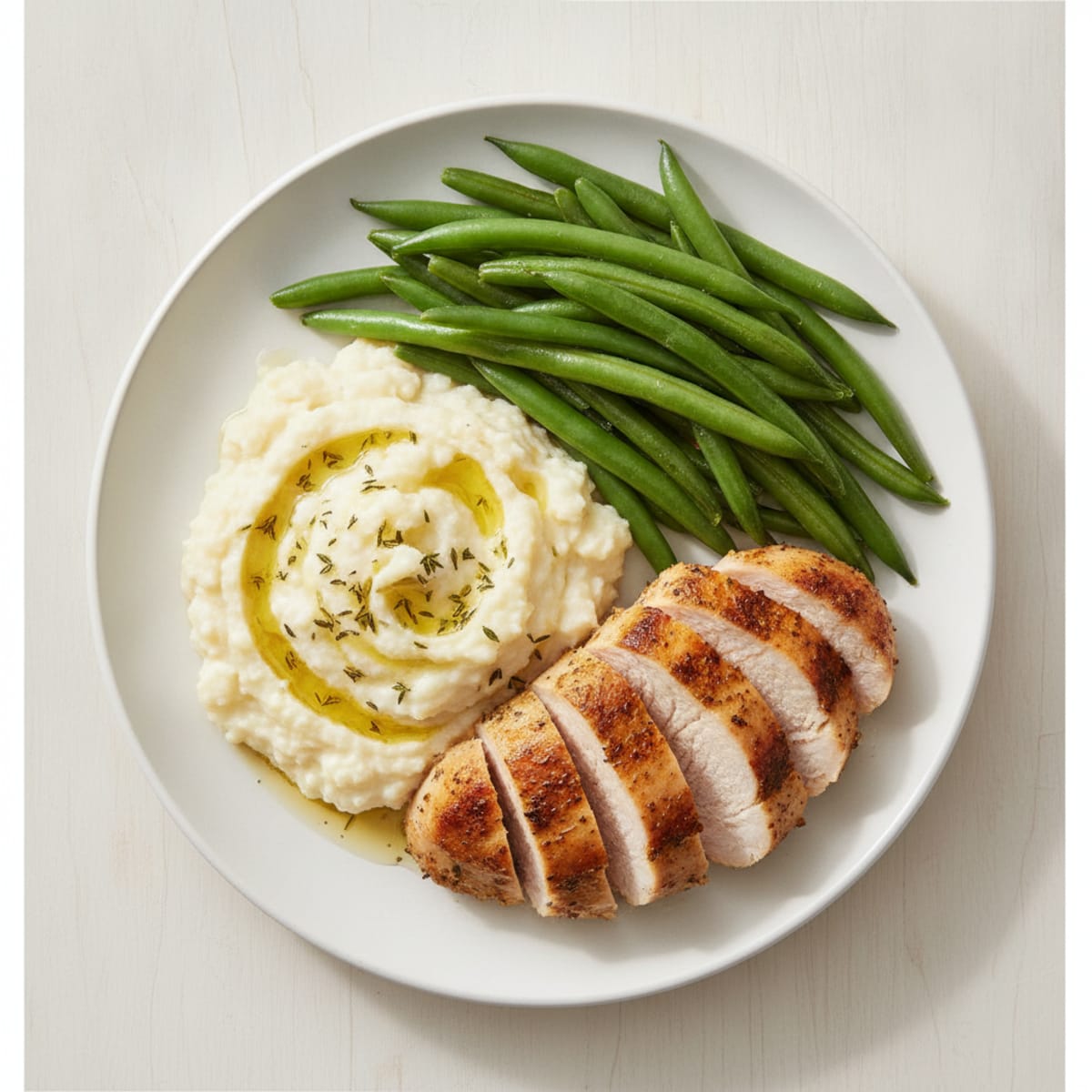 Seared Turkey Breast with Steamed Green Beans and Cauliflower Mash