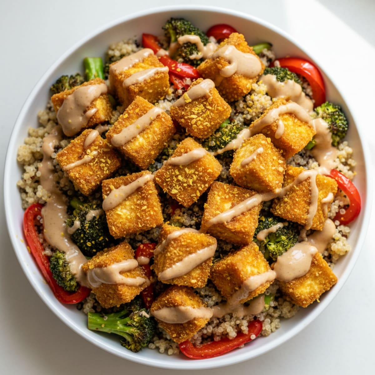 Crispy Tofu Power Bowl with Quinoa and Roasted Vegetables