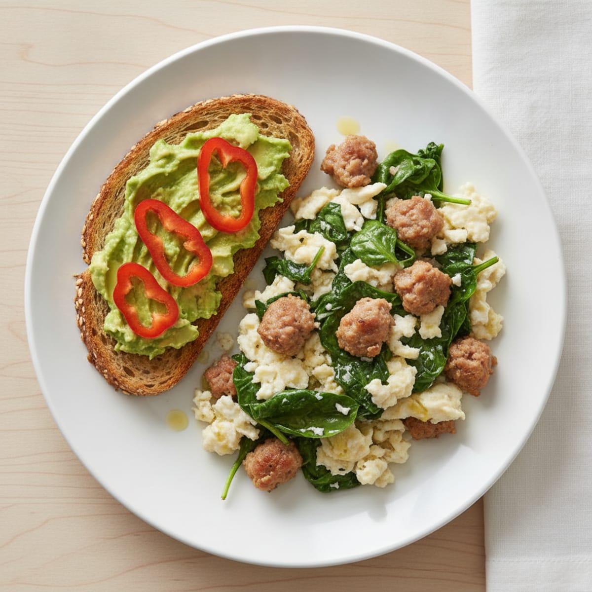 Egg White Scramble with Turkey Sausage and Spinach