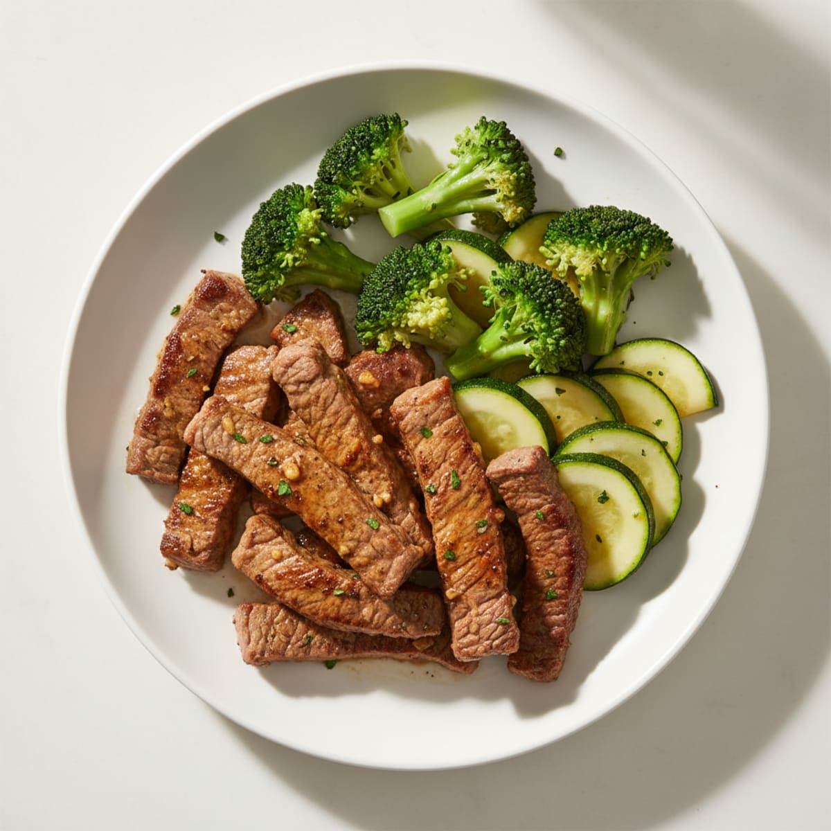 Seared Lean Beef Strips with Steamed Broccoli and Zucchini