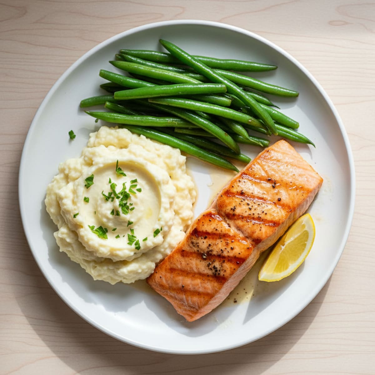 Seared Salmon with Steamed Green Beans and Garlic Mashed Cauliflower