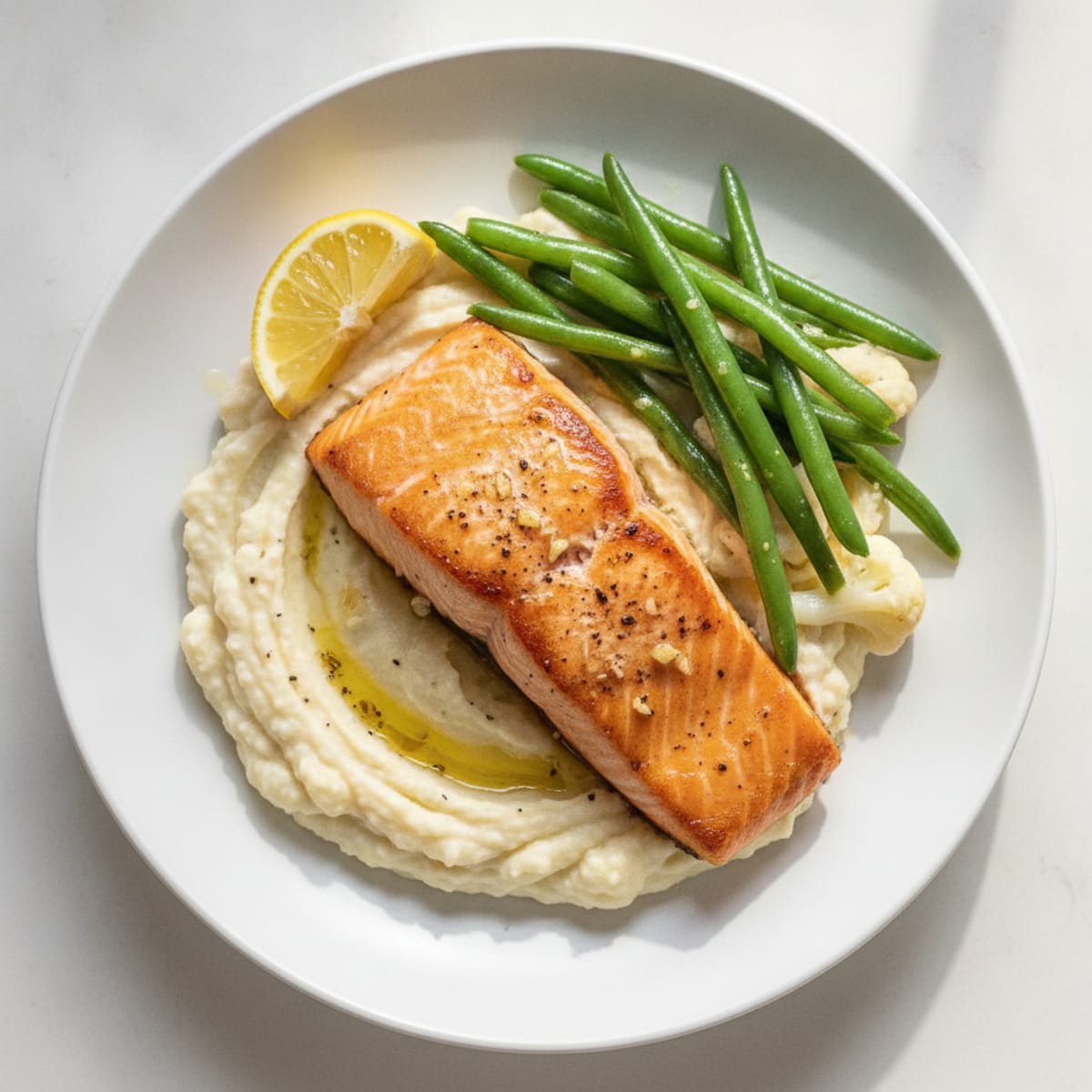 Seared Salmon with Steamed Green Beans and Cauliflower Mash