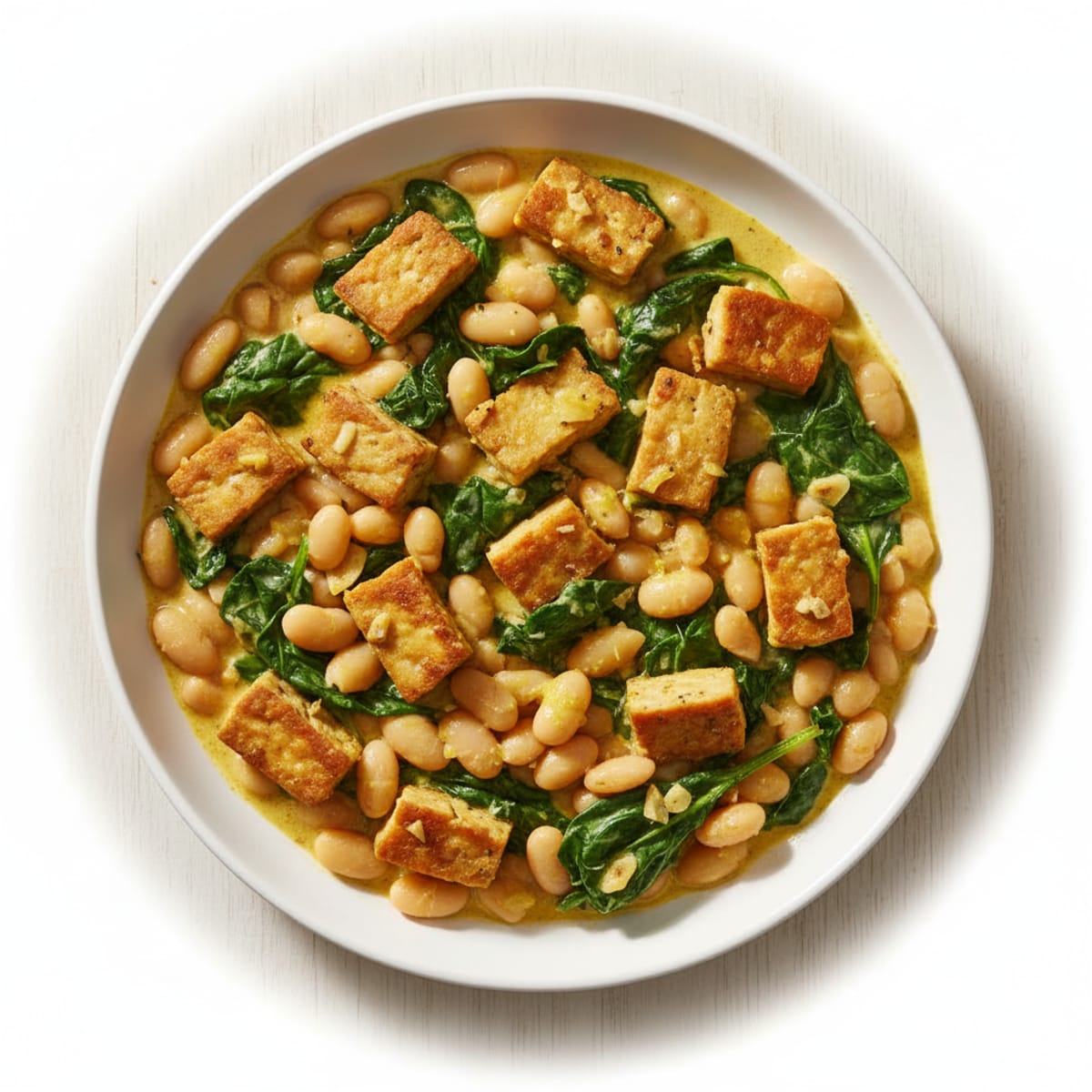 Creamy White Bean and Tempeh Skillet with Spinach
