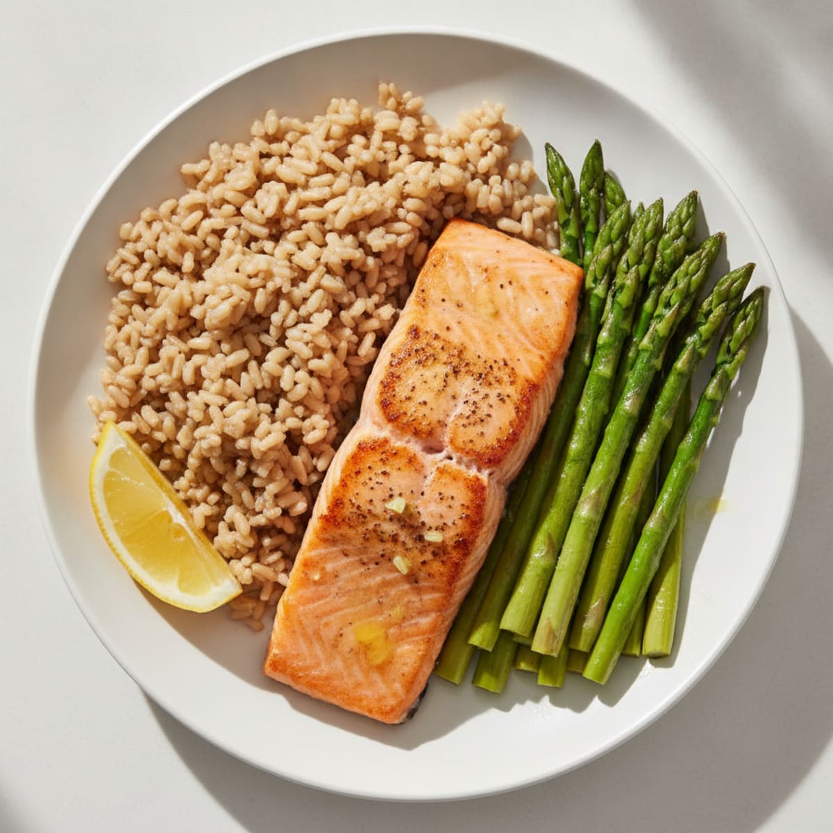 Seared Salmon Fillet with Steamed Asparagus and Brown Rice