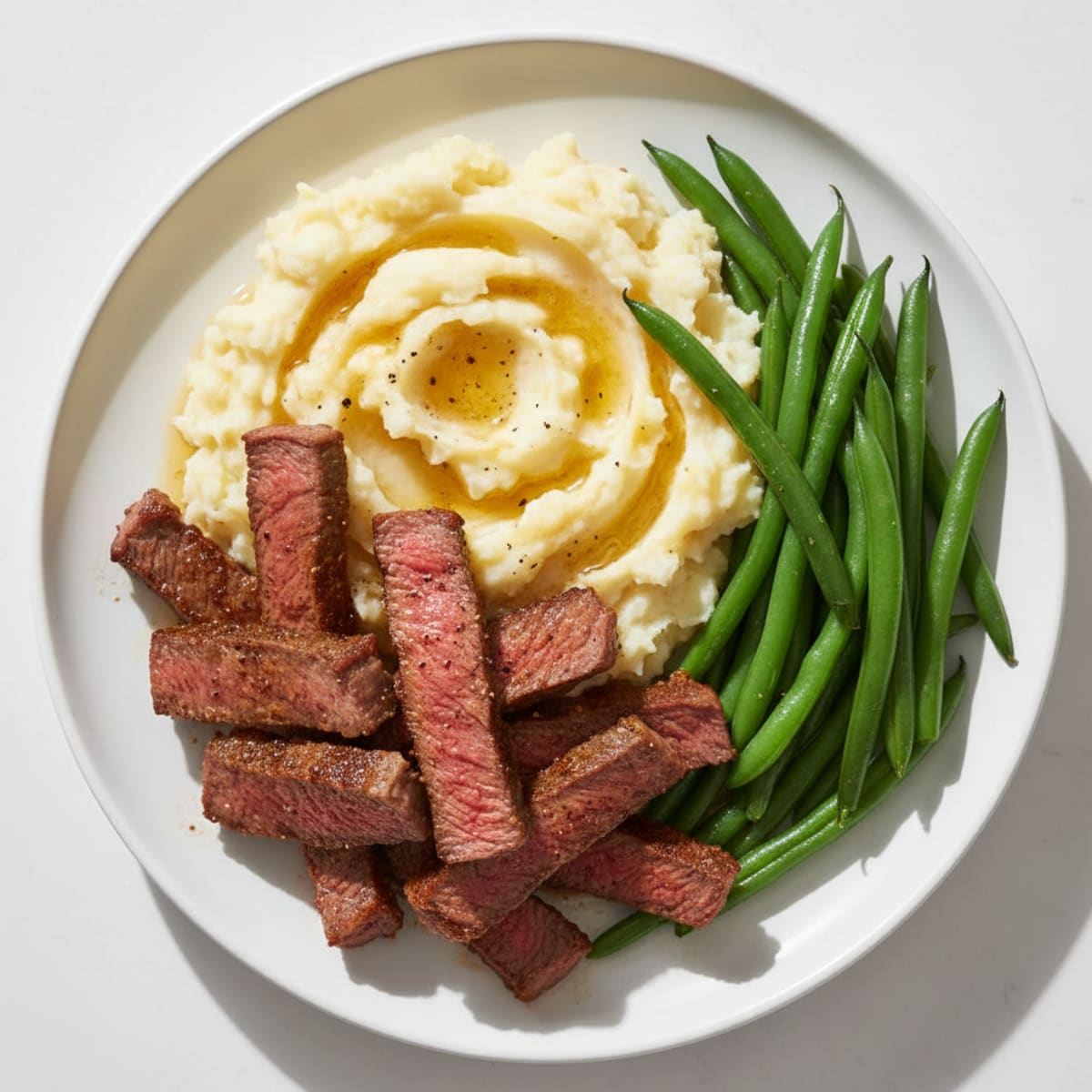 Seared Lean Beef Strips with Garlic Mashed Potatoes