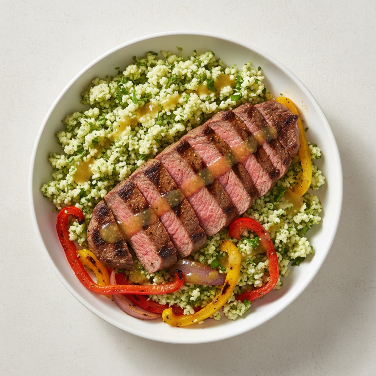 Seared Lean Beef with Roasted Peppers and Cilantro-Lime Cauliflower Rice
