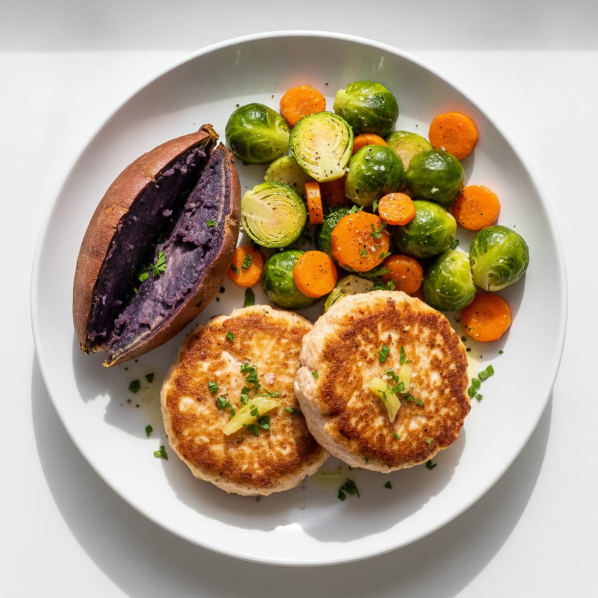 Salmon Patties with Baked Purple Sweet Potatoes & Brussels Sprouts