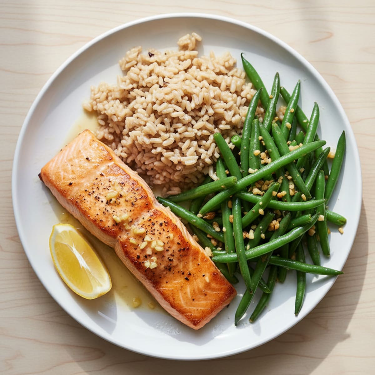 Seared Salmon Fillet with Garlic Green Beans and Brown Rice