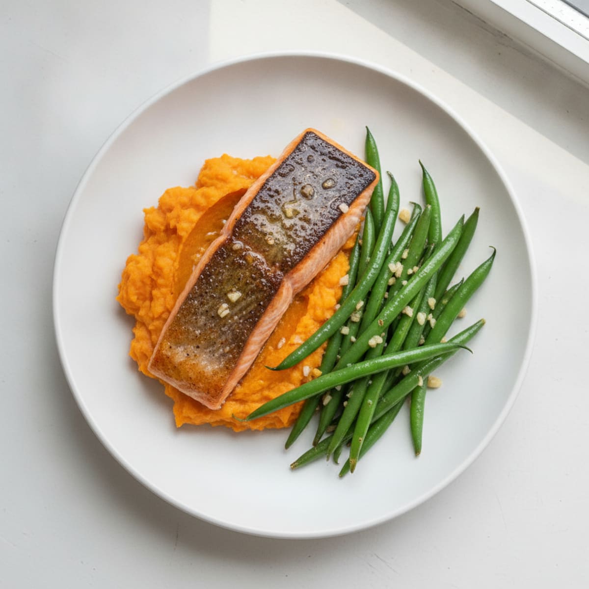Seared Salmon with Garlic Green Beans and Sweet Potato Mash