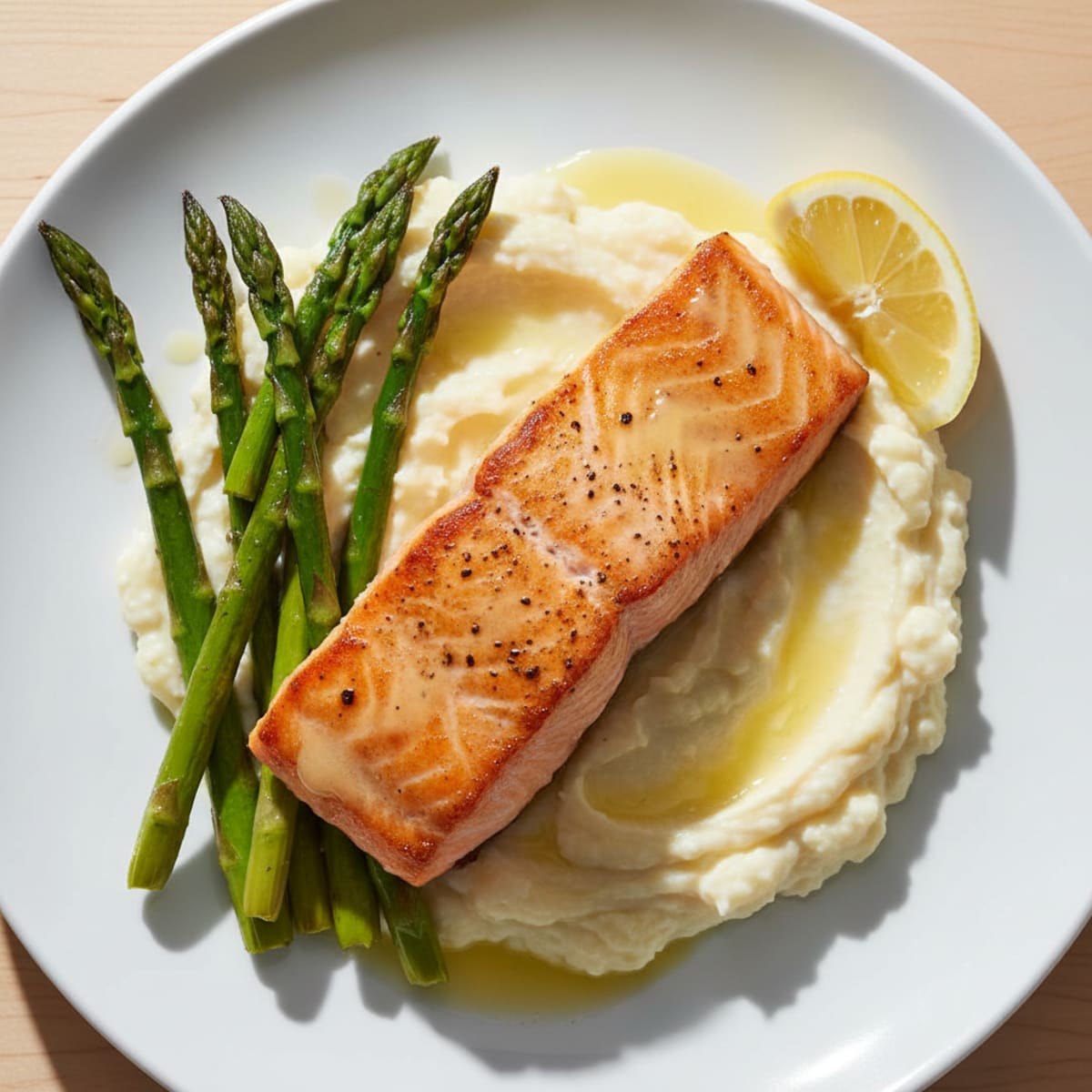 Seared Salmon Fillet with Roasted Asparagus and Cauliflower Mash