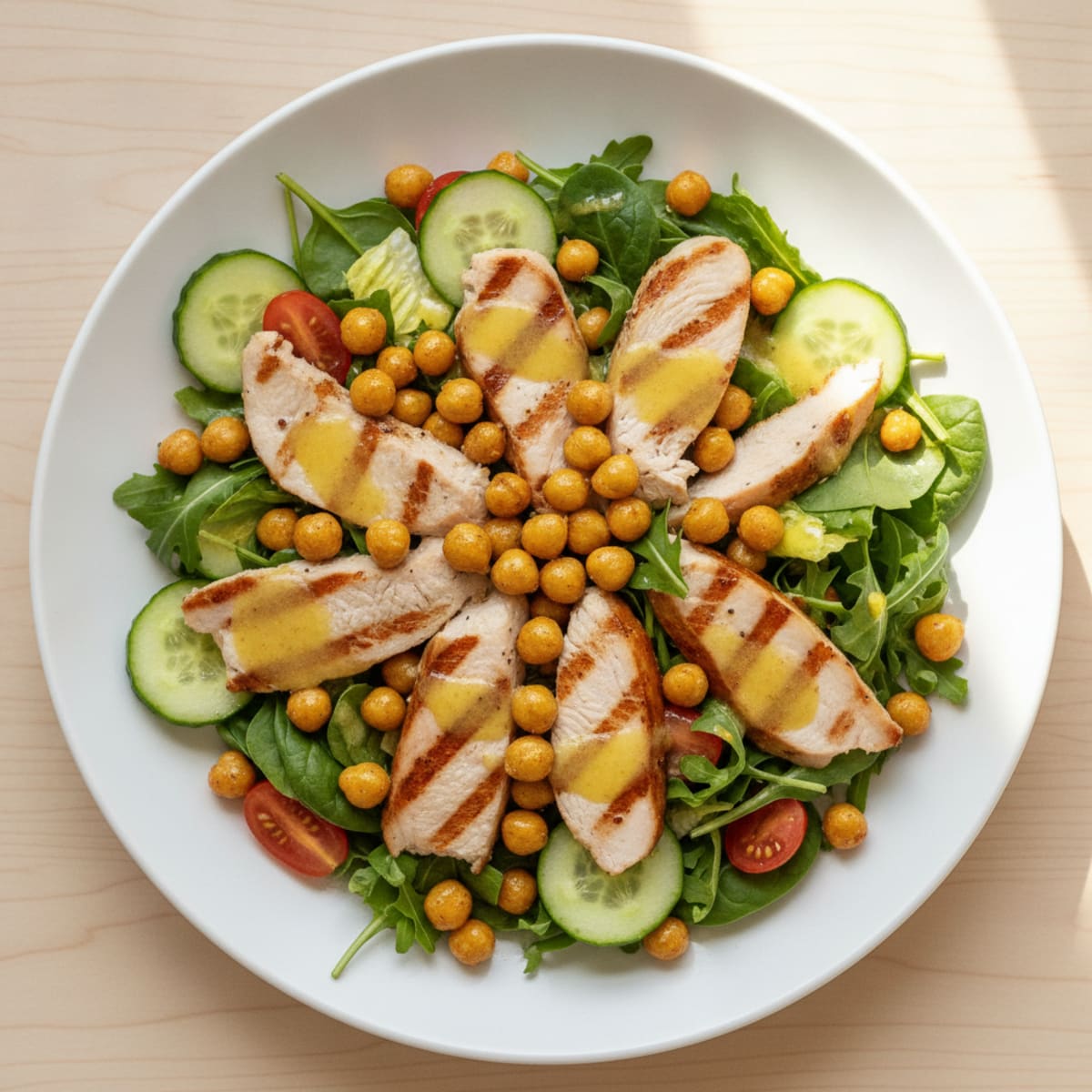 Grilled Turkey Breast Salad with Crunchy Chickpeas and Lemon Dressing