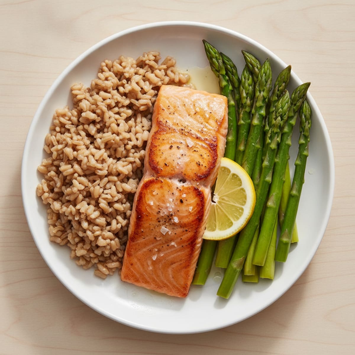 Seared Salmon with Steamed Asparagus and Brown Rice