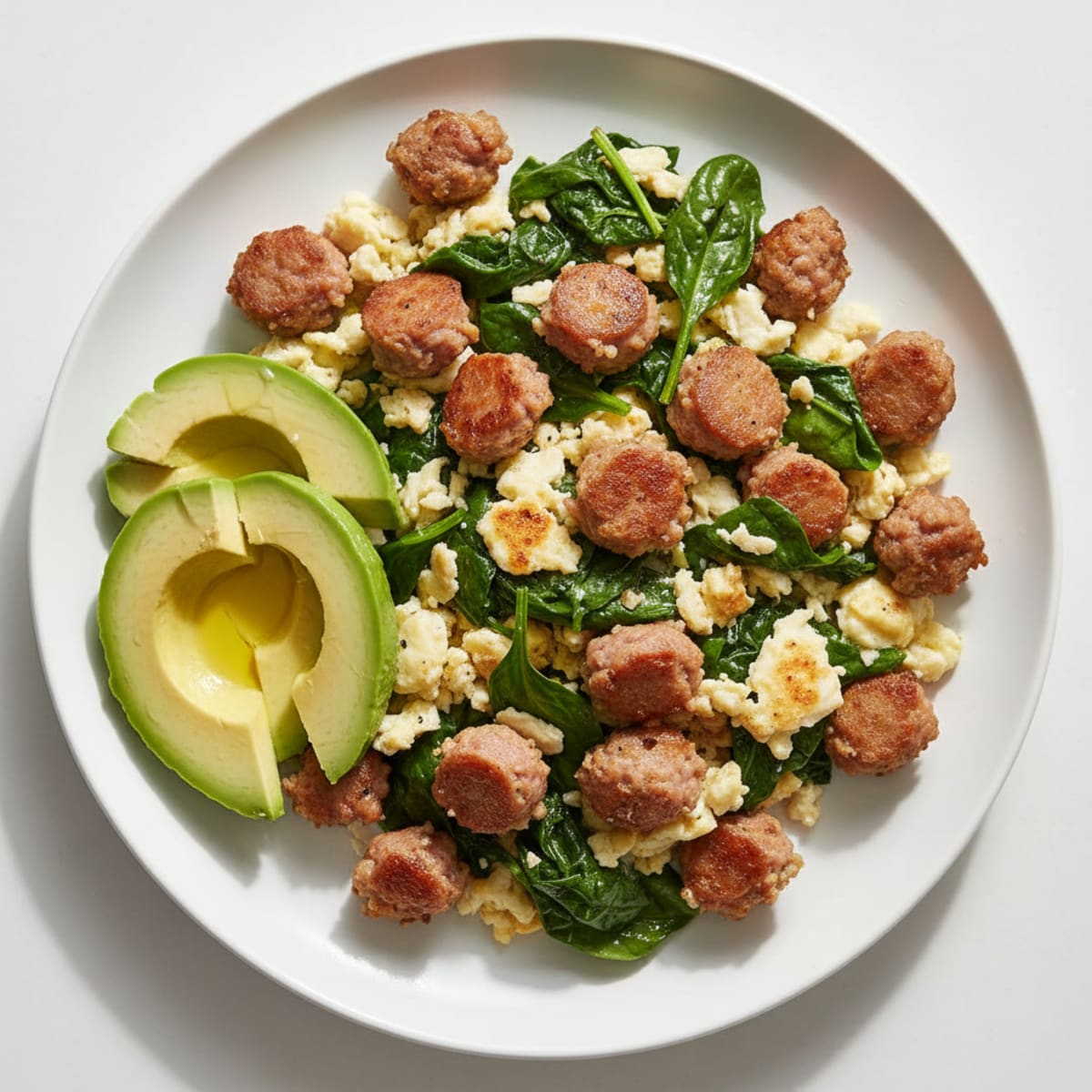 Egg White and Turkey Sausage Scramble with Sautéed Spinach