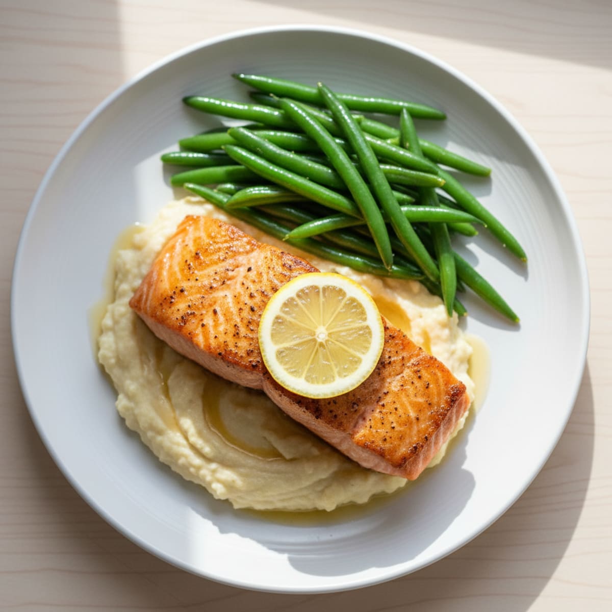 Seared Salmon with Steamed Green Beans and Cauliflower Mash