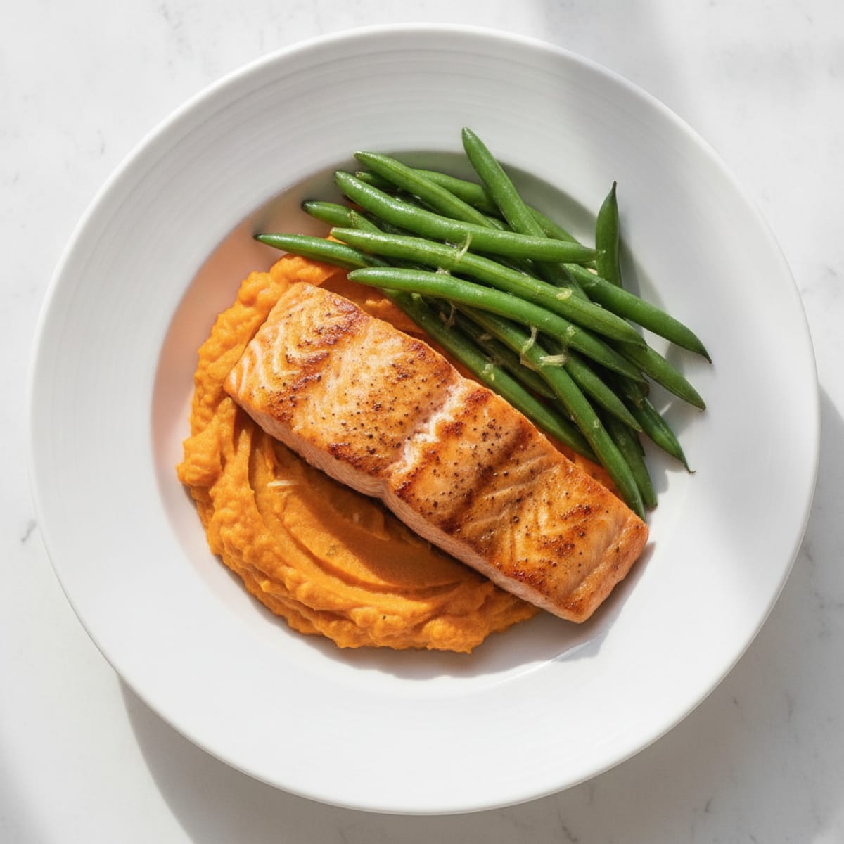 Seared Salmon with Steamed Green Beans and Sweet Potato Mash