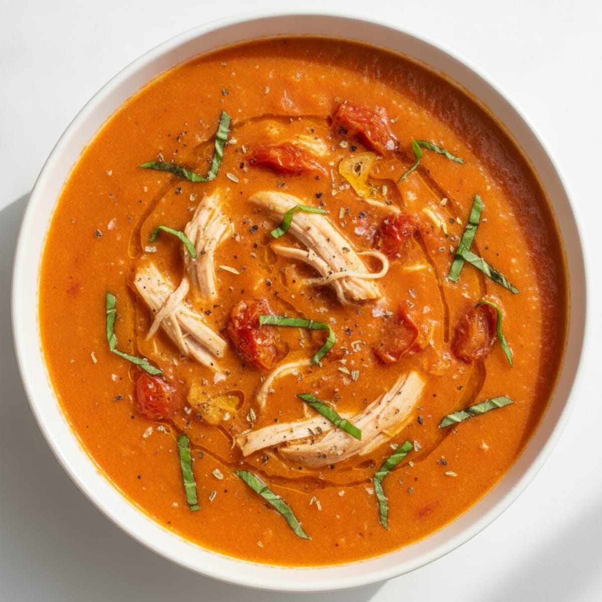 Roasted Tomato Basil Soup with Shredded Chicken
