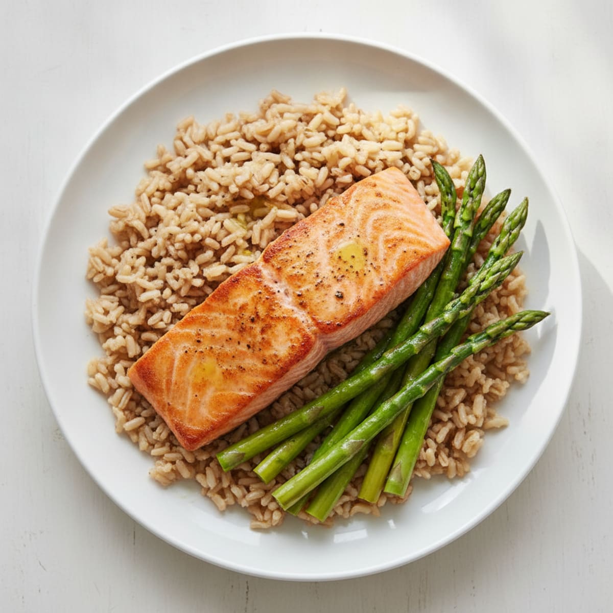 Seared Salmon Fillet with Steamed Asparagus and Brown Rice