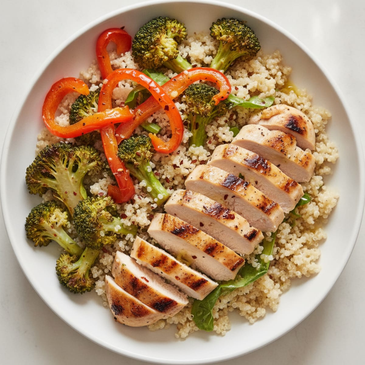 Grilled Chicken and Quinoa Bowl with Roasted Broccoli and Red Peppers
