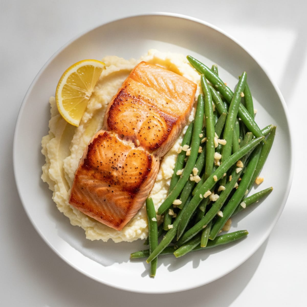 Seared Salmon with Garlic Green Beans and Mashed Cauliflower