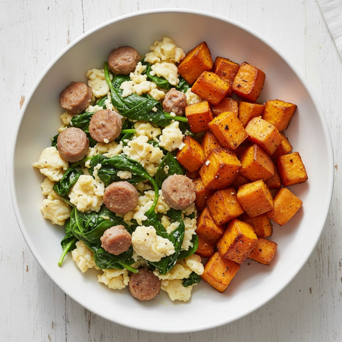 Egg White and Turkey Sausage Scramble with Spinach and Roasted Sweet Potato