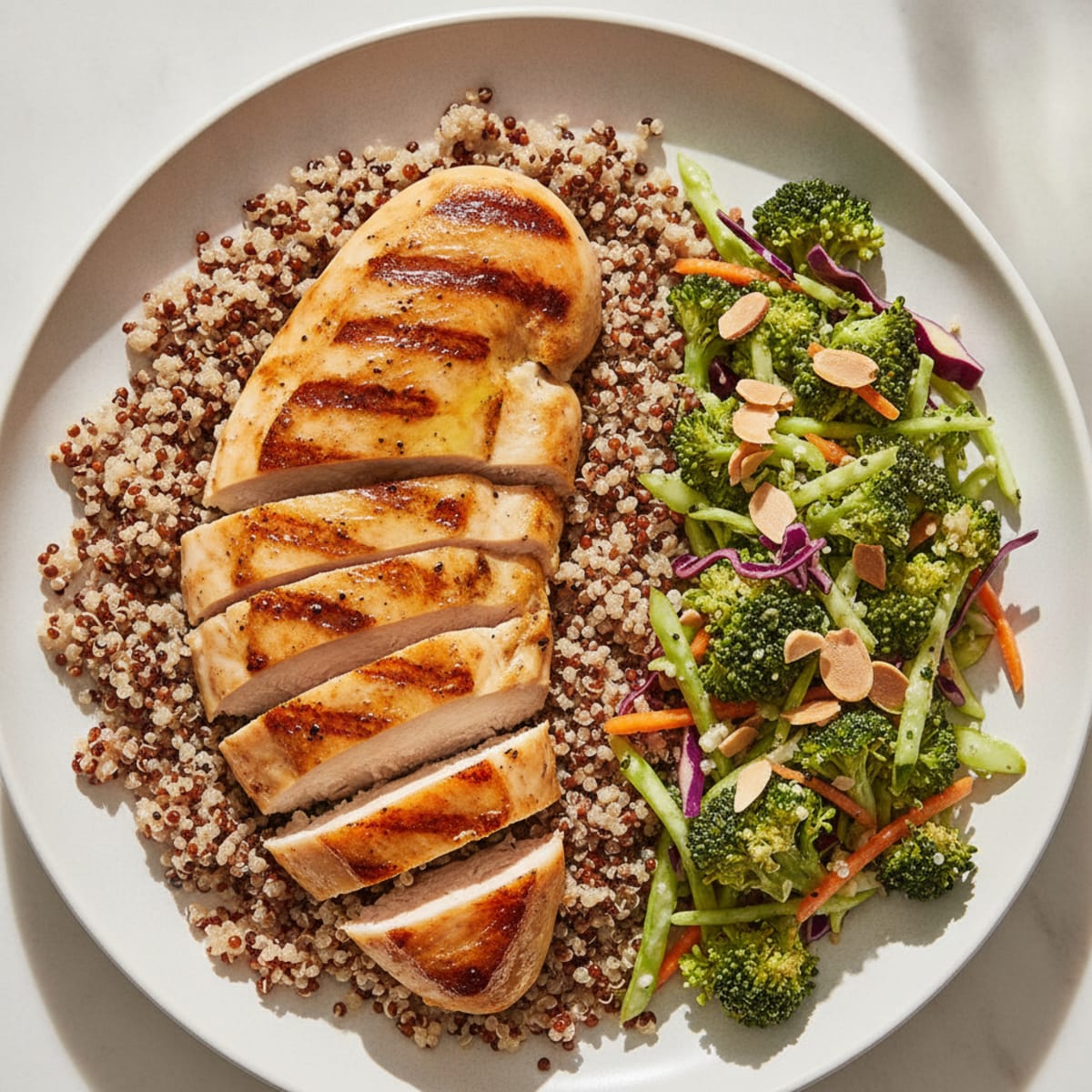 Grilled Chicken Breast with Quinoa and Crunchy Broccoli Slaw