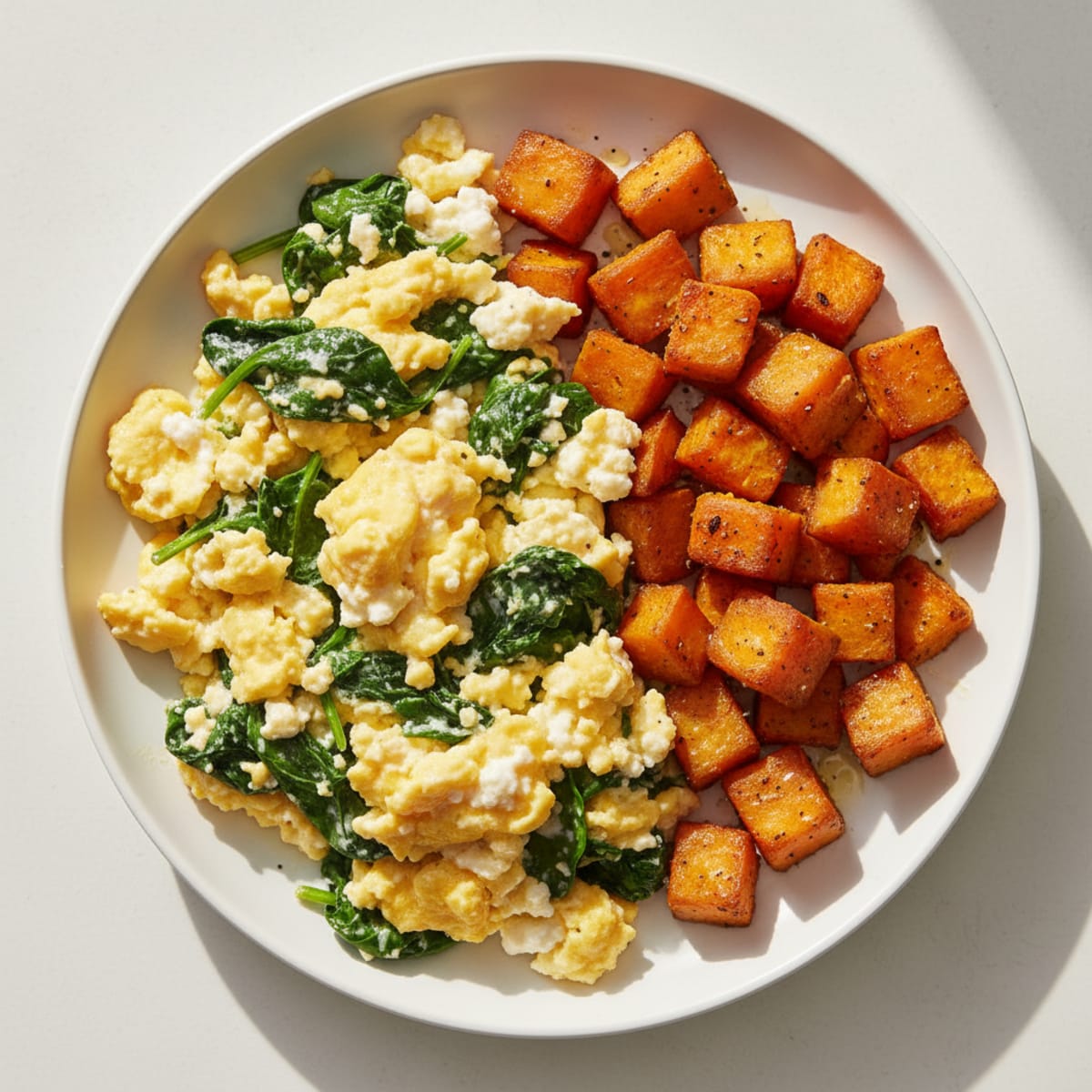 Cottage Cheese Egg Scramble with Sautéed Spinach and Roasted Sweet Potato