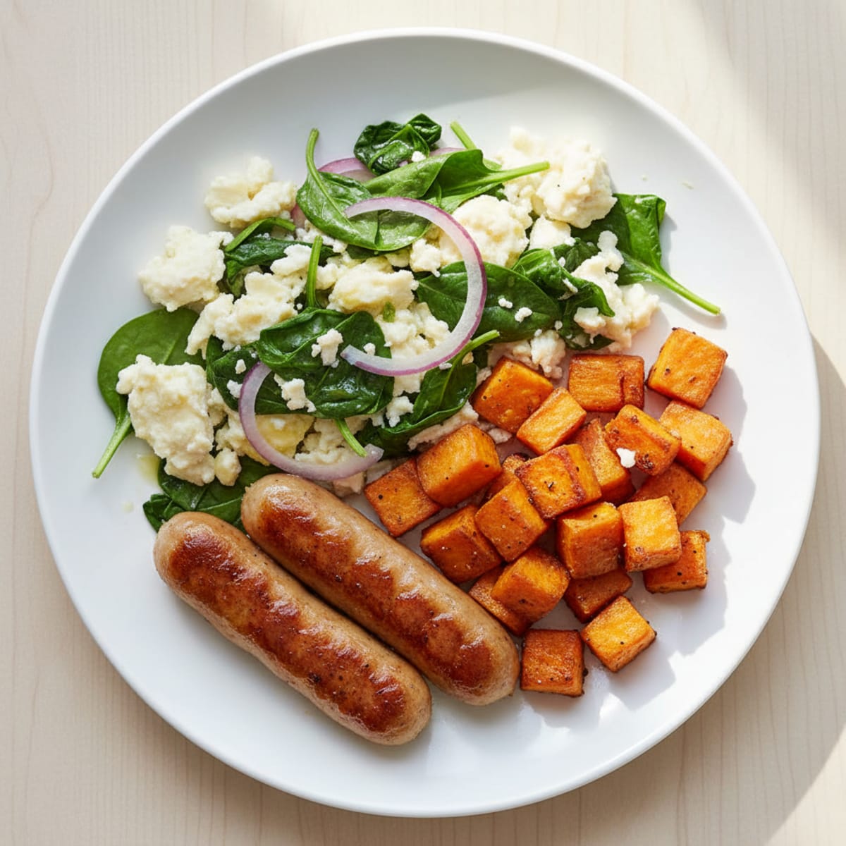 Egg White Scramble with Turkey Sausage and Sautéed Spinach