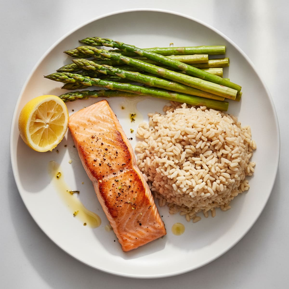 Seared Salmon Fillet with Steamed Asparagus and Brown Rice