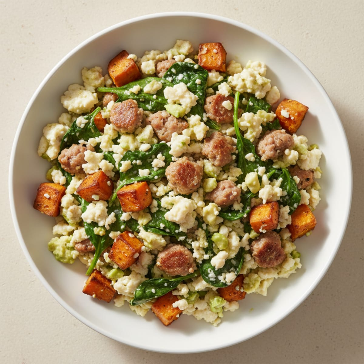 Egg White and Turkey Sausage Scramble with Spinach and Sweet Potato