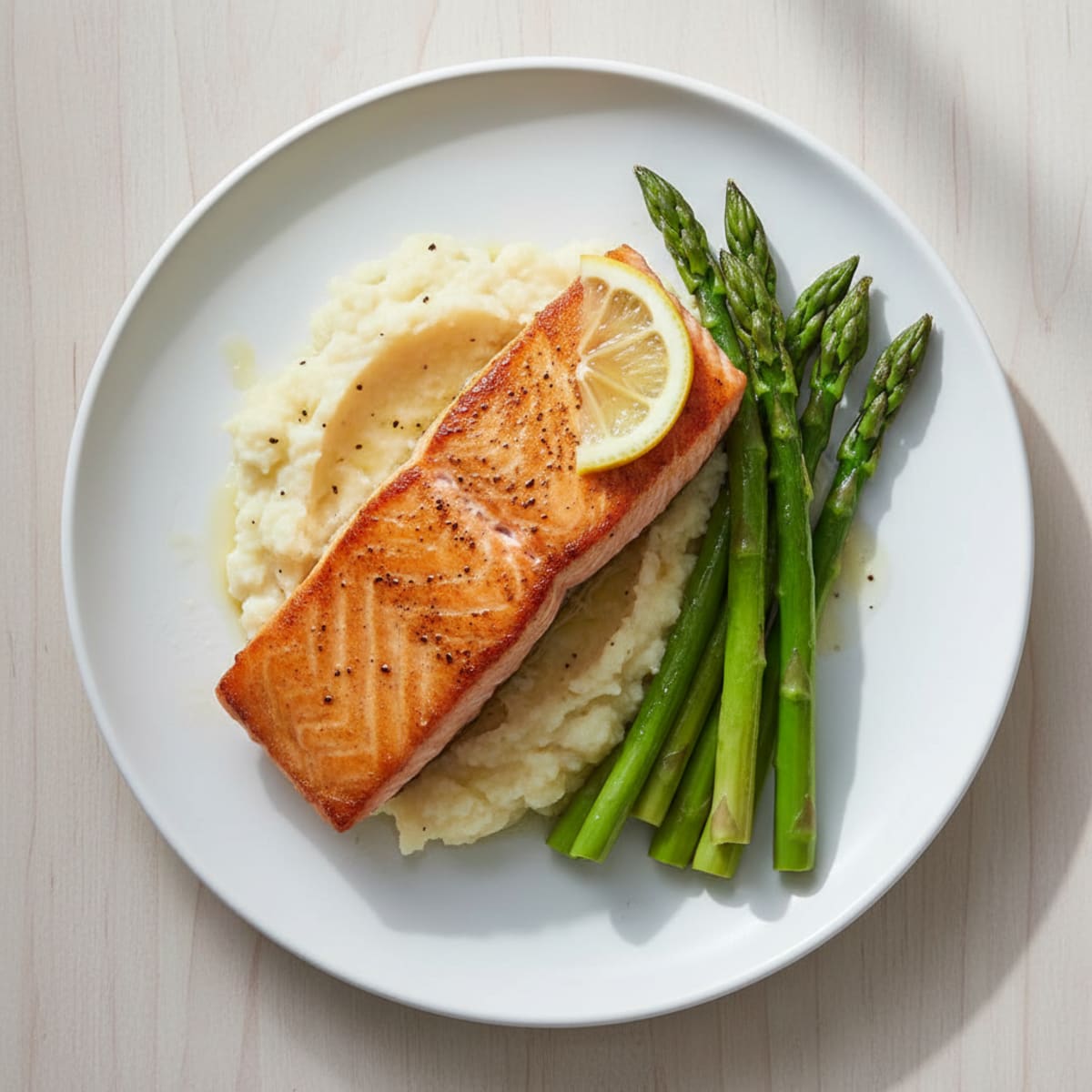 Seared Salmon with Steamed Asparagus and Cauliflower Mash