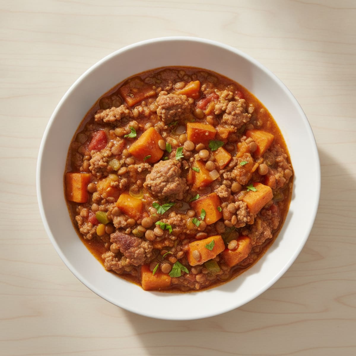 Ground Beef and Lentil Chili with Sweet Potato