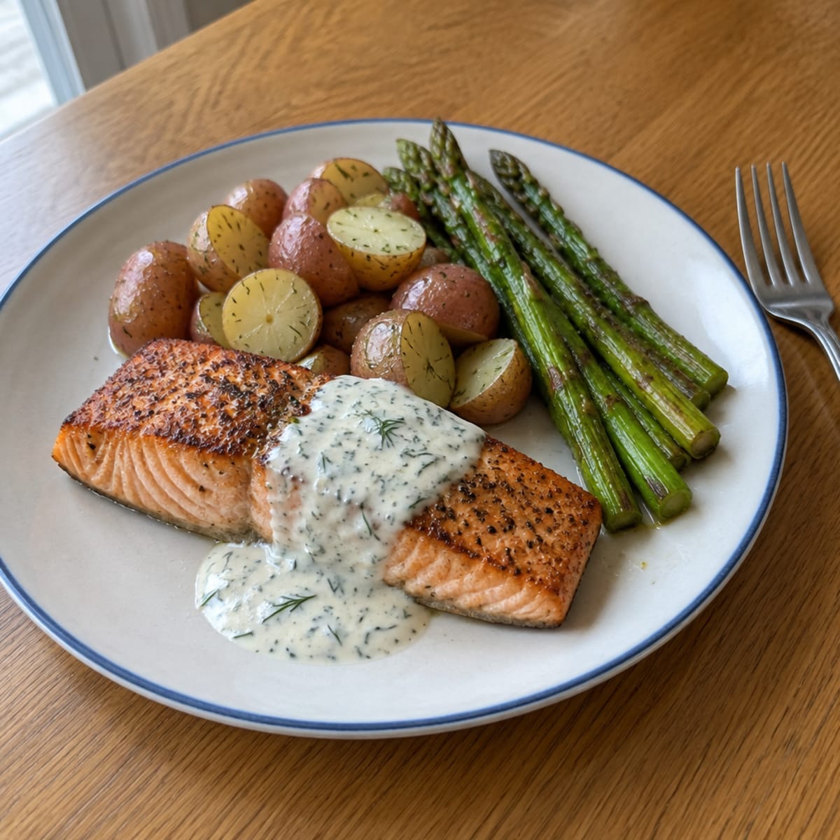 Pan-seared salmon with lemon-dill sauce