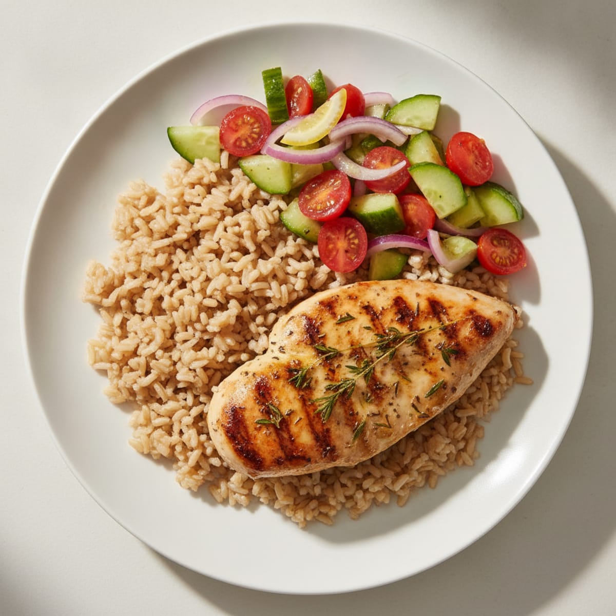 Grilled Chicken Breast with Brown Rice and Fresh Tomato Cucumber Salad