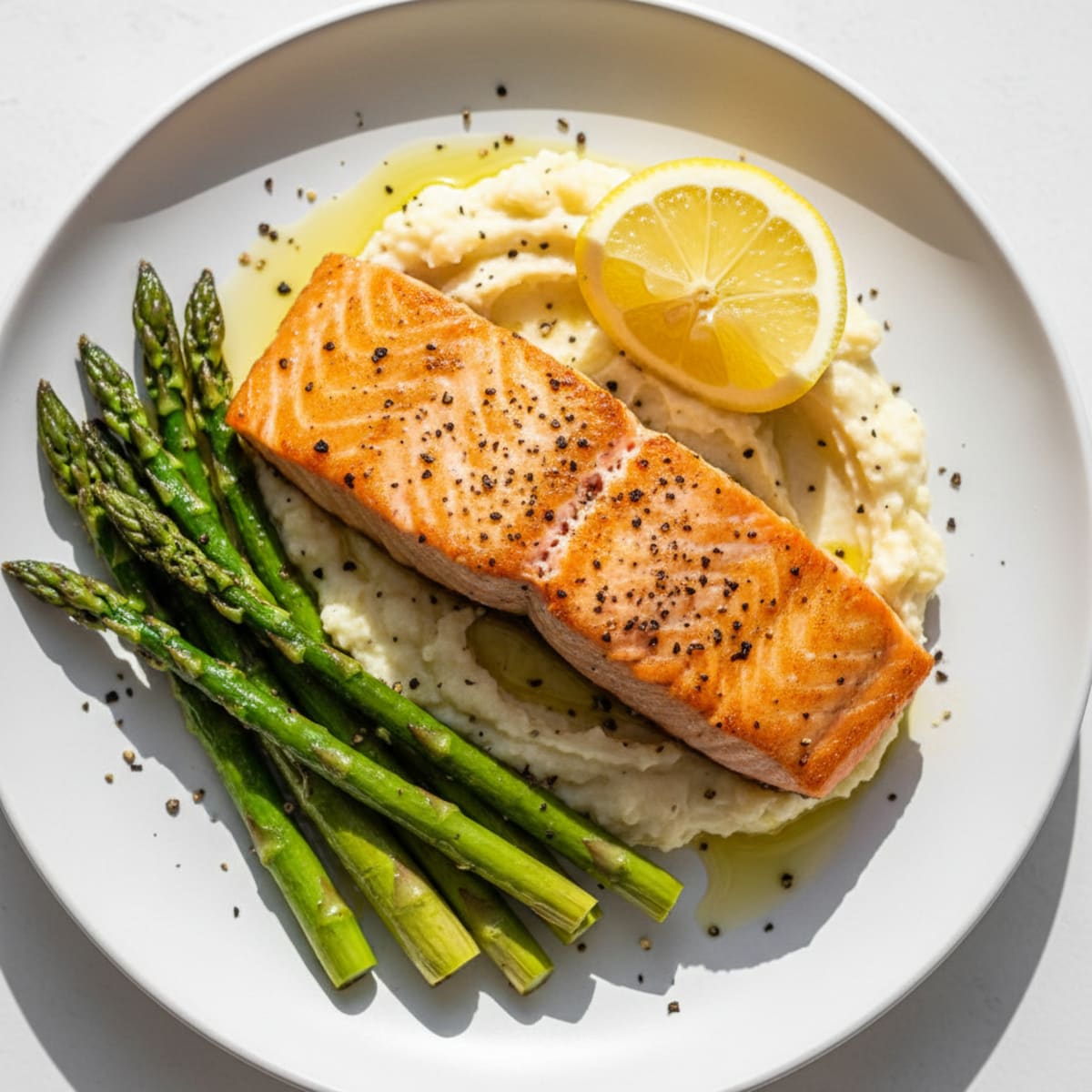 Seared Salmon Fillet with Roasted Asparagus and Cauliflower Mash