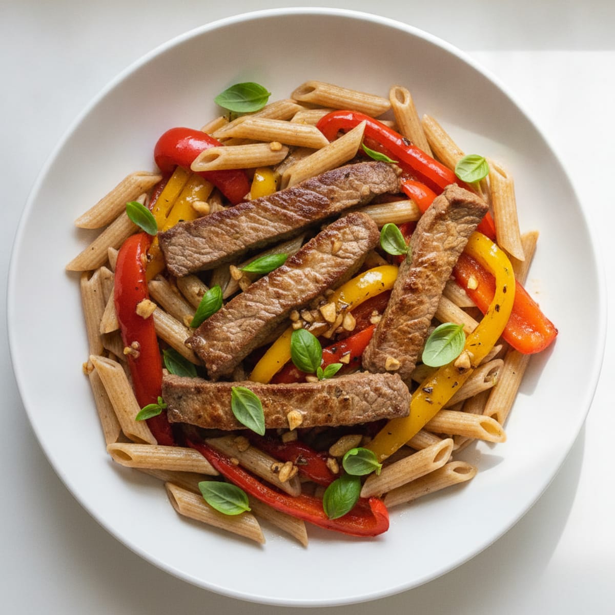 Seared Beef Strips with Whole Wheat Penne and Roasted Peppers